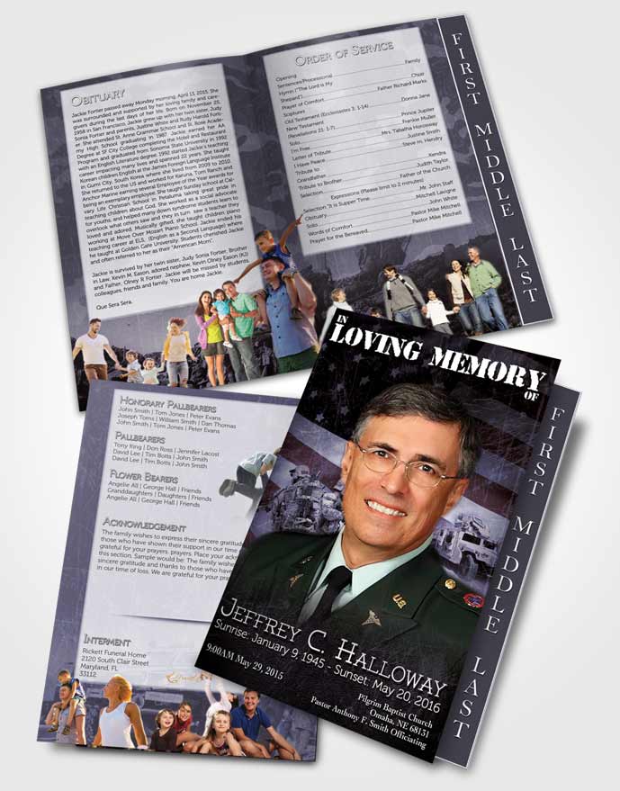 2 Page Graduated Step Fold Funeral Program Template Brochure Sky Blue Army Salute