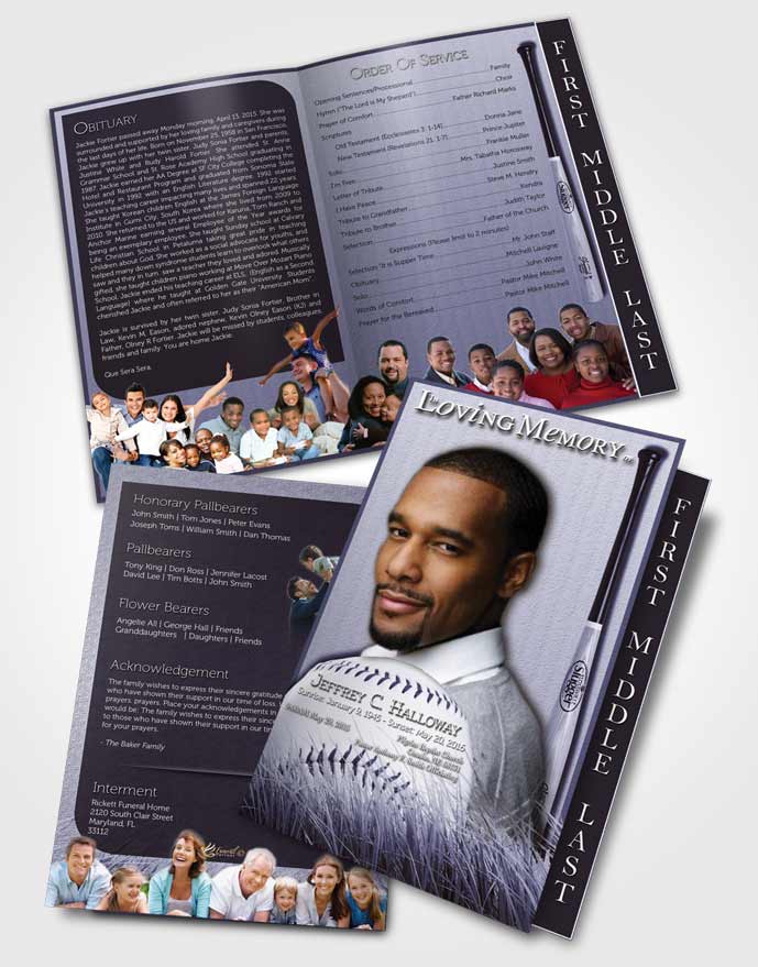 2 Page Graduated Step Fold Funeral Program Template Brochure Sky Blue Baseball Star Dark