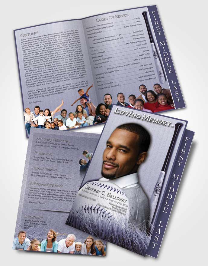 2 Page Graduated Step Fold Funeral Program Template Brochure Sky Blue Baseball Star Light