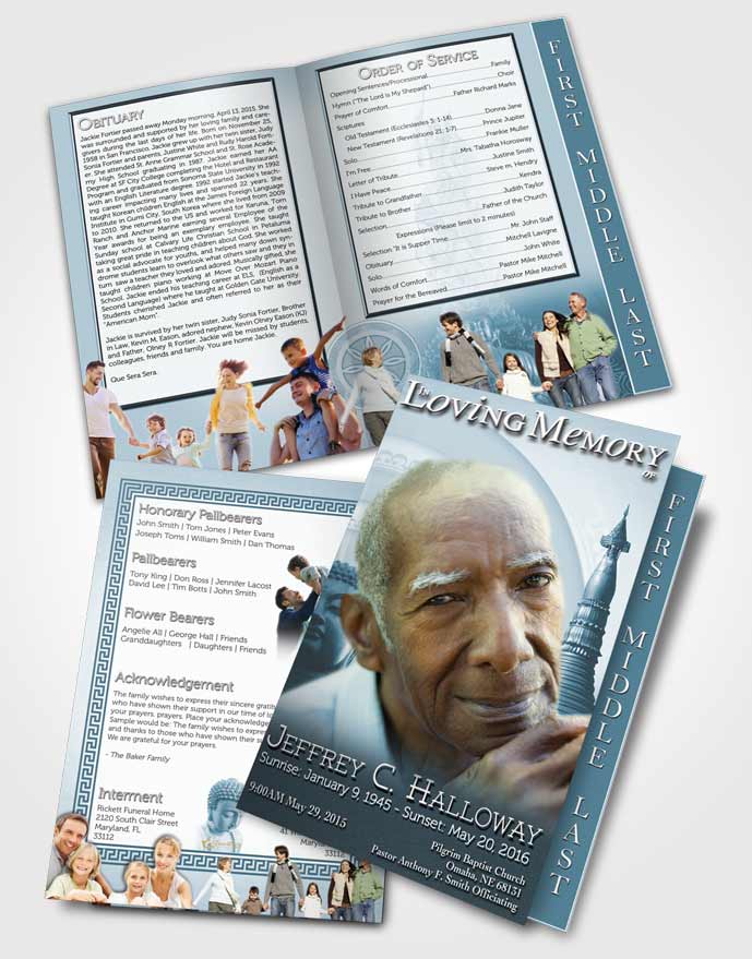 2 Page Graduated Step Fold Funeral Program Template Brochure Soft Cyan Buddhist Faith