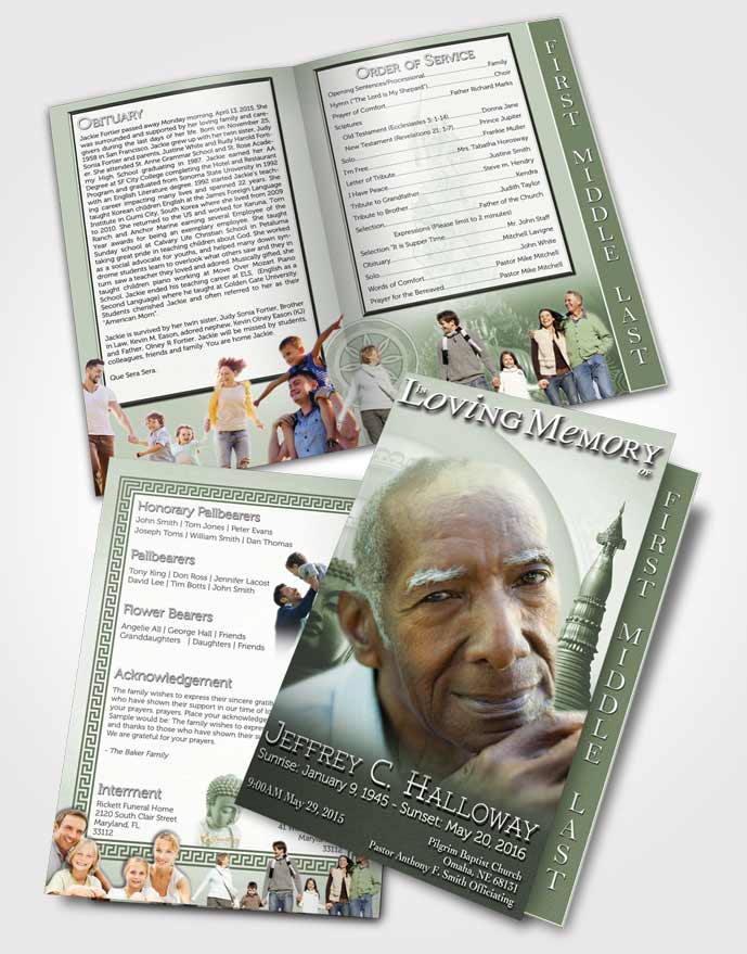 2 Page Graduated Step Fold Funeral Program Template Brochure Soft Emerald Buddhist Faith