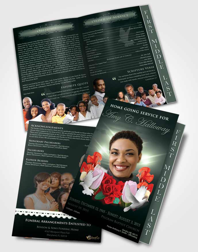 2 Page Graduated Step Fold Funeral Program Template Brochure Soft Emerald Delightful Doves
