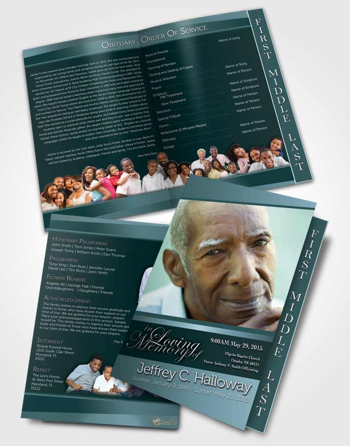 2 Page Graduated Step Fold Funeral Program Template Brochure Soft Emerald Love Tranquility Dark