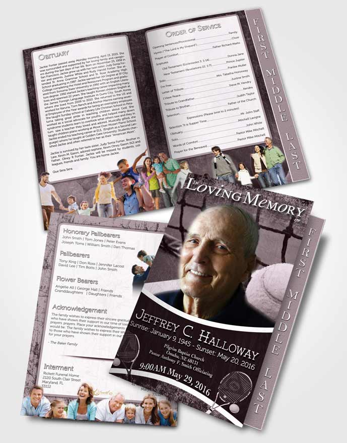 2 Page Graduated Step Fold Funeral Program Template Brochure Soft Lavender Breeze Tennis Star