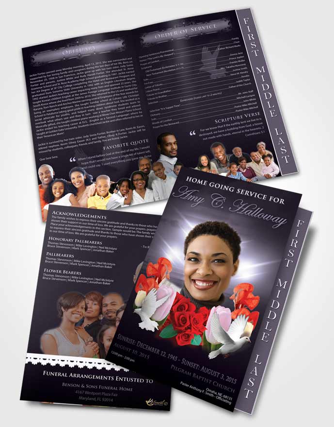 2 Page Graduated Step Fold Funeral Program Template Brochure Soft Lavender Delightful Doves