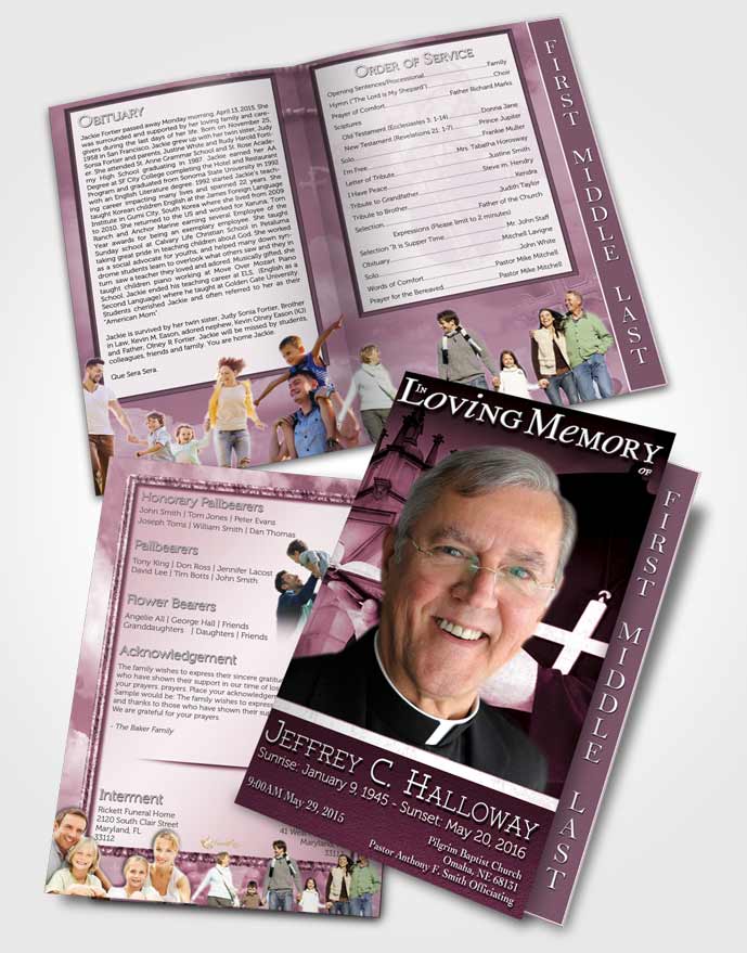 2 Page Graduated Step Fold Funeral Program Template Brochure Soft Lavender Heavenly Priest