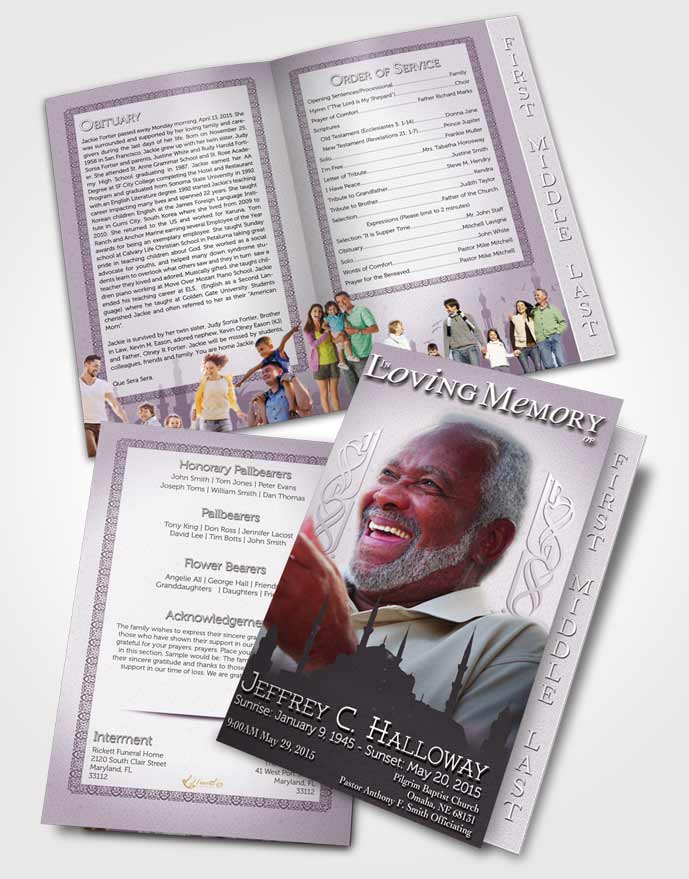 2 Page Graduated Step Fold Funeral Program Template Brochure Soft Lavender Sky Islamic Serenity