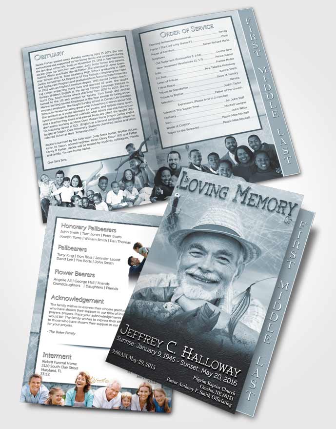 2 Page Graduated Step Fold Funeral Program Template Brochure Soft Turquoise Waters Calm Fisherman