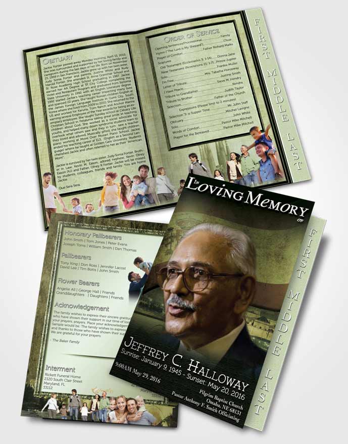 2 Page Graduated Step Fold Funeral Program Template Brochure Spanish Emerald Love