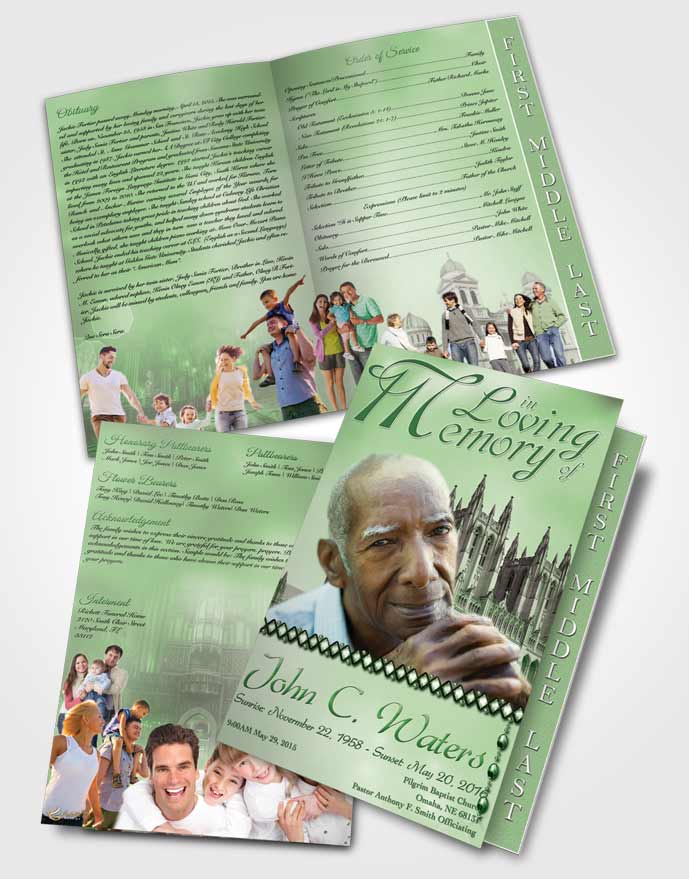 2 Page Graduated Step Fold Funeral Program Template Brochure Spring Cathedral Emerald Gold