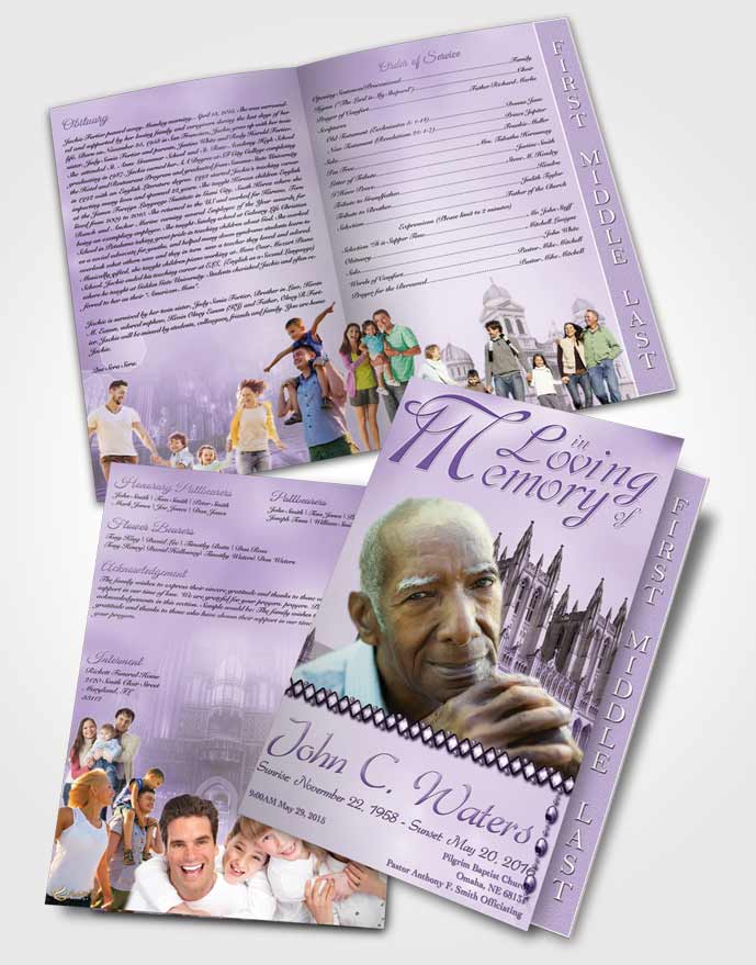 2 Page Graduated Step Fold Funeral Program Template Brochure Spring Cathedral Lavender Honor