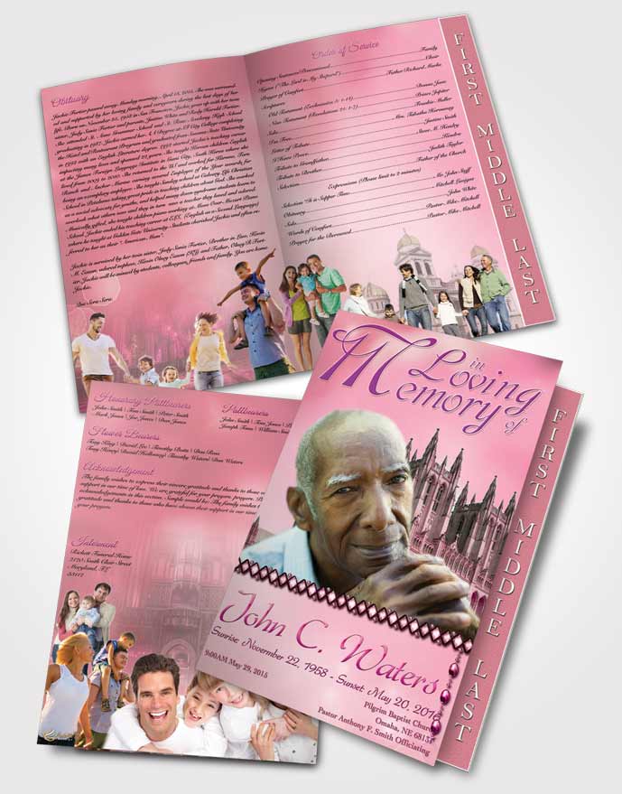 2 Page Graduated Step Fold Funeral Program Template Brochure Spring Cathedral Pink Lust