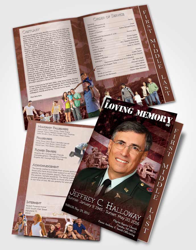 2 Page Graduated Step Fold Funeral Program Template Brochure Strawberry Army Salute