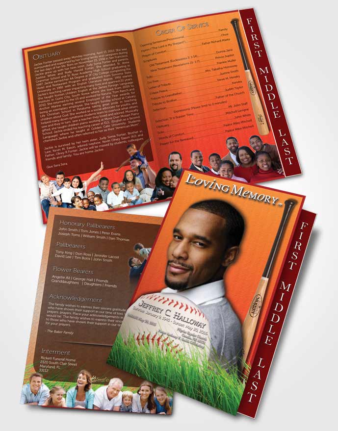 2 Page Graduated Step Fold Funeral Program Template Brochure Strawberry Peach Baseball Star Dark