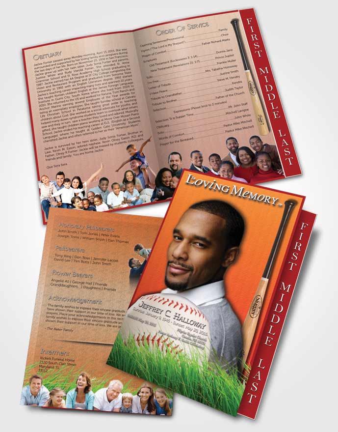 2 Page Graduated Step Fold Funeral Program Template Brochure Strawberry Peach Baseball Star Light