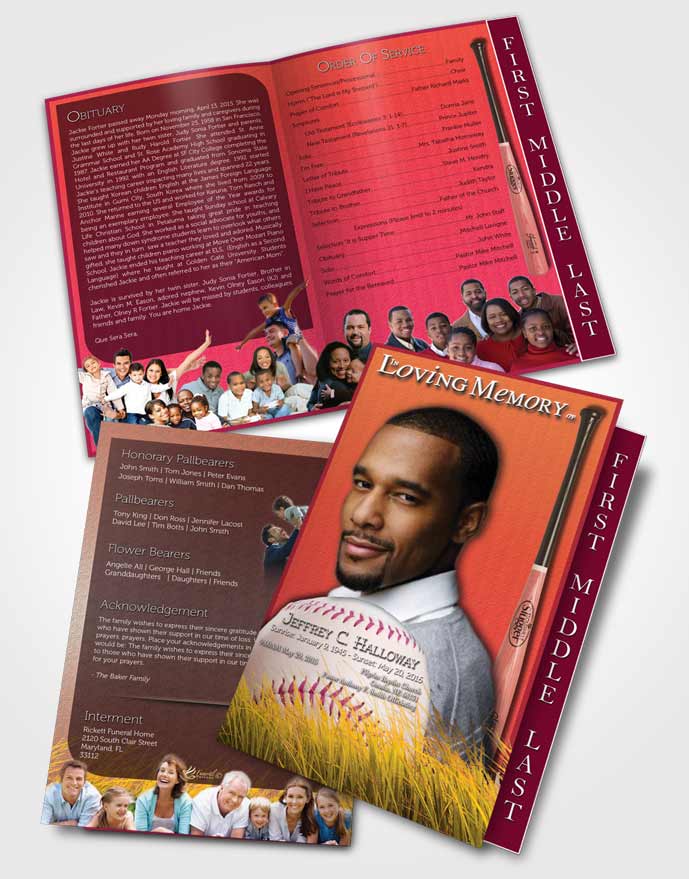 2 Page Graduated Step Fold Funeral Program Template Brochure Summer Ruby Baseball Star Dark