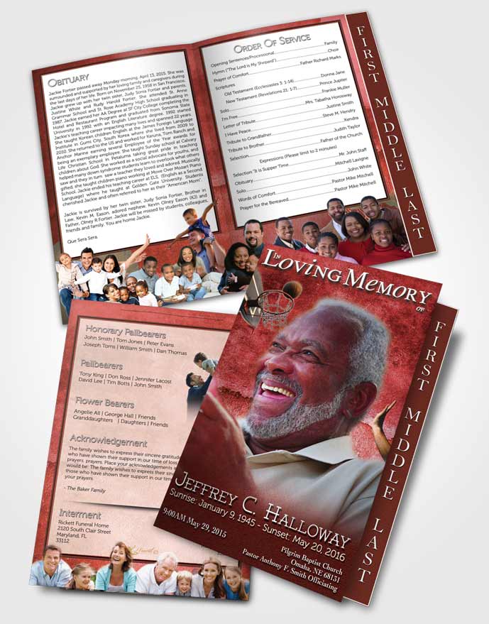 2 Page Graduated Step Fold Funeral Program Template Brochure Summer Ruby Basketball Star