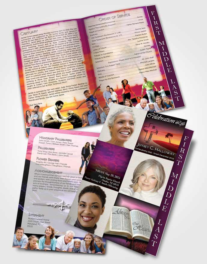 2 Page Graduated Step Fold Funeral Program Template Brochure Summer Sunset Serenity