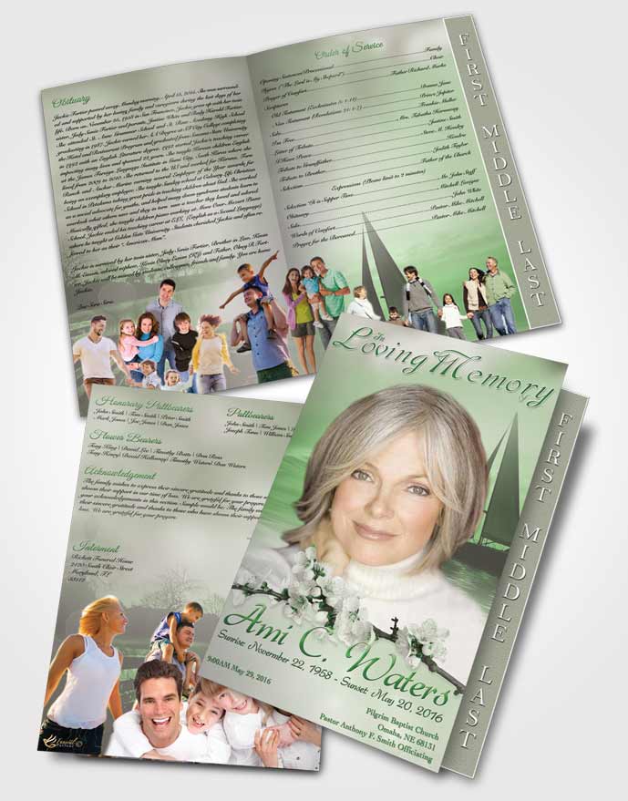 2 Page Graduated Step Fold Funeral Program Template Brochure Sunrise Sailor Emerald Glow