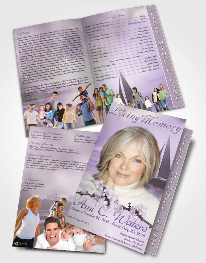 2 Page Graduated Step Fold Funeral Program Template Brochure Sunrise Sailor Lavender Honor