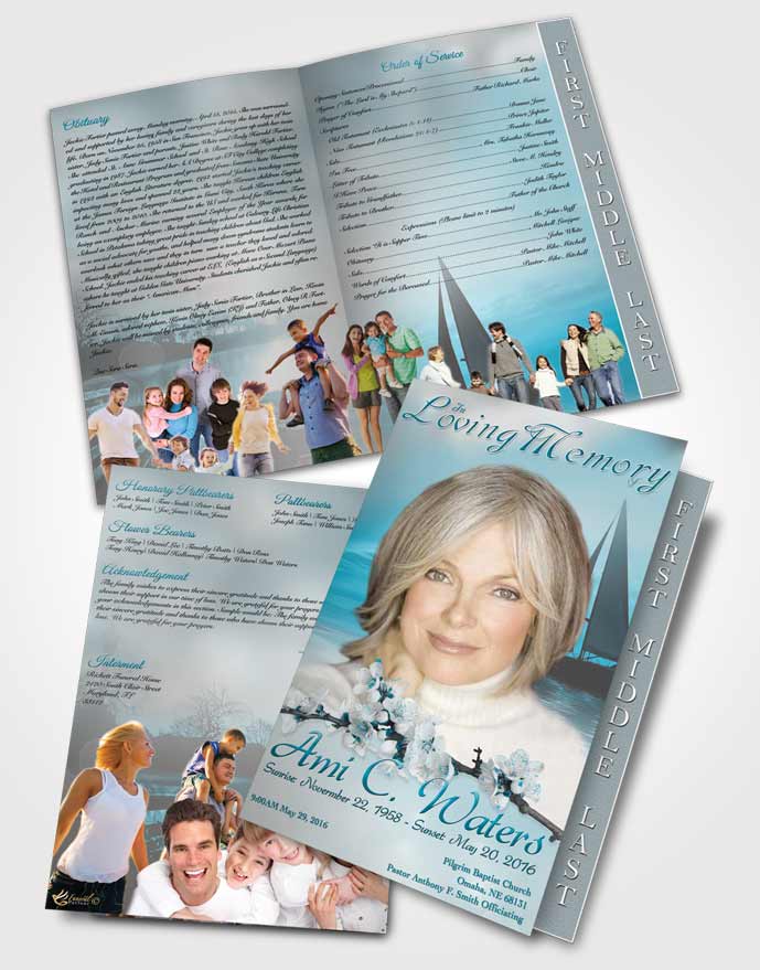 2 Page Graduated Step Fold Funeral Program Template Brochure Sunrise Sailor Peaceful Ocean