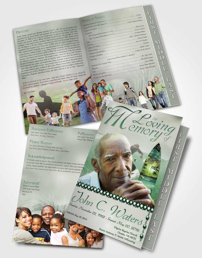 2 Page Graduated Step Fold Funeral Program Template Brochure Surfers Paradise Emerald Waves