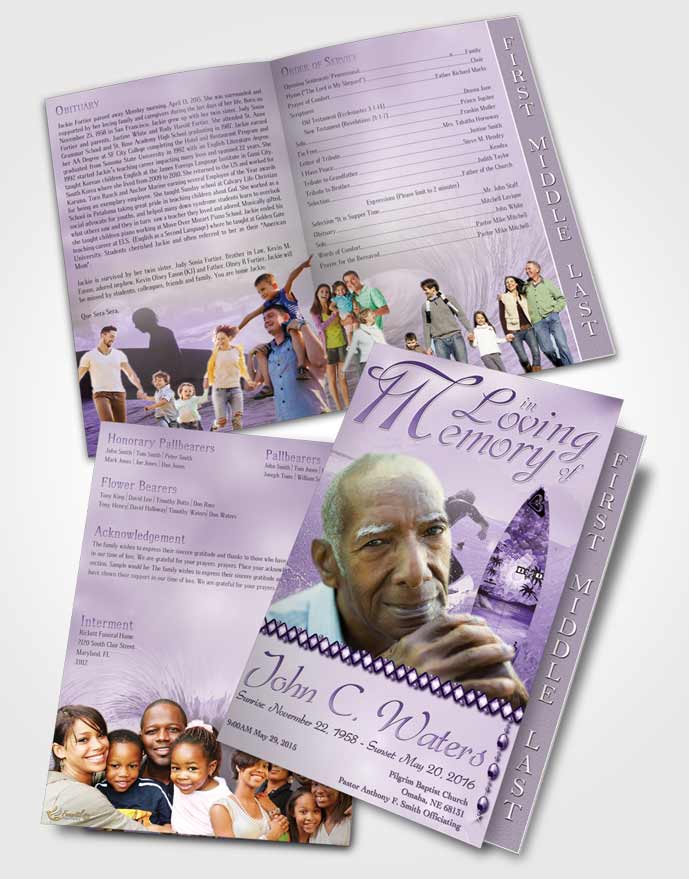 2 Page Graduated Step Fold Funeral Program Template Brochure Surfers Paradise Lavender Waves