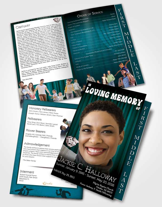 2 Page Graduated Step Fold Funeral Program Template Brochure Turquoise Actor