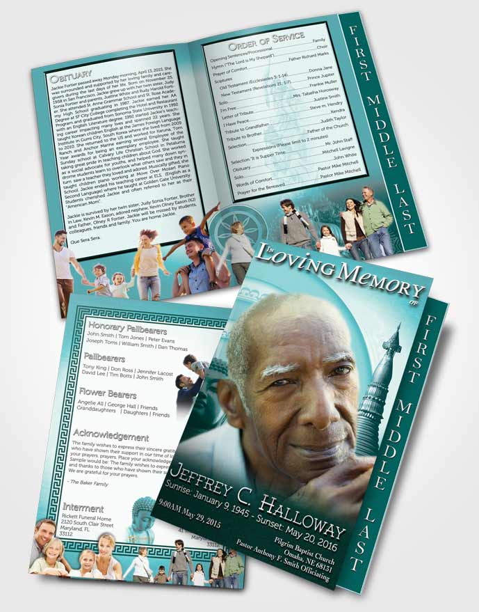 2 Page Graduated Step Fold Funeral Program Template Brochure Turquoise Buddhist Faith