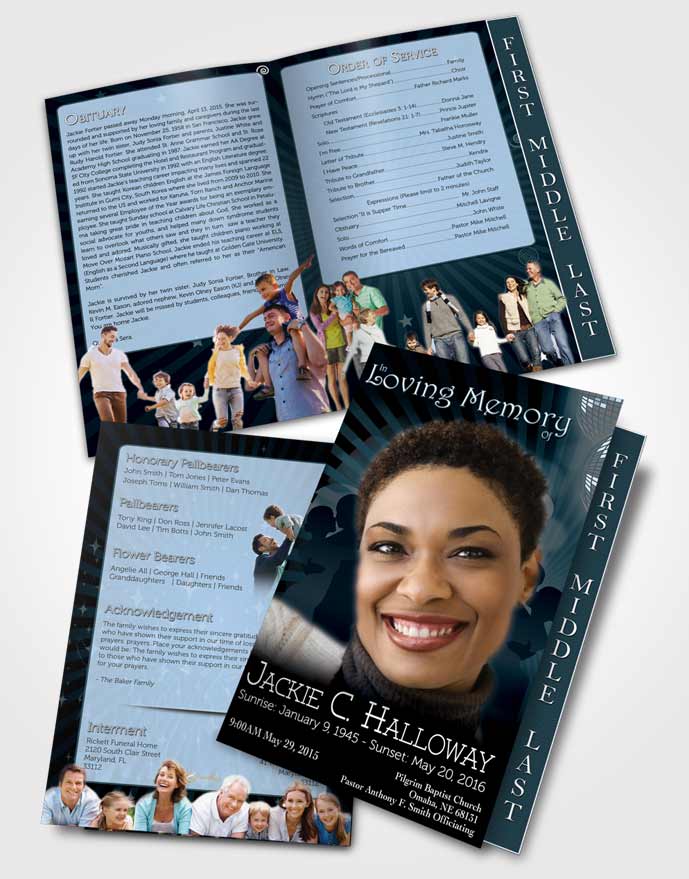 2 Page Graduated Step Fold Funeral Program Template Brochure Turquoise Graceful Dancer Light