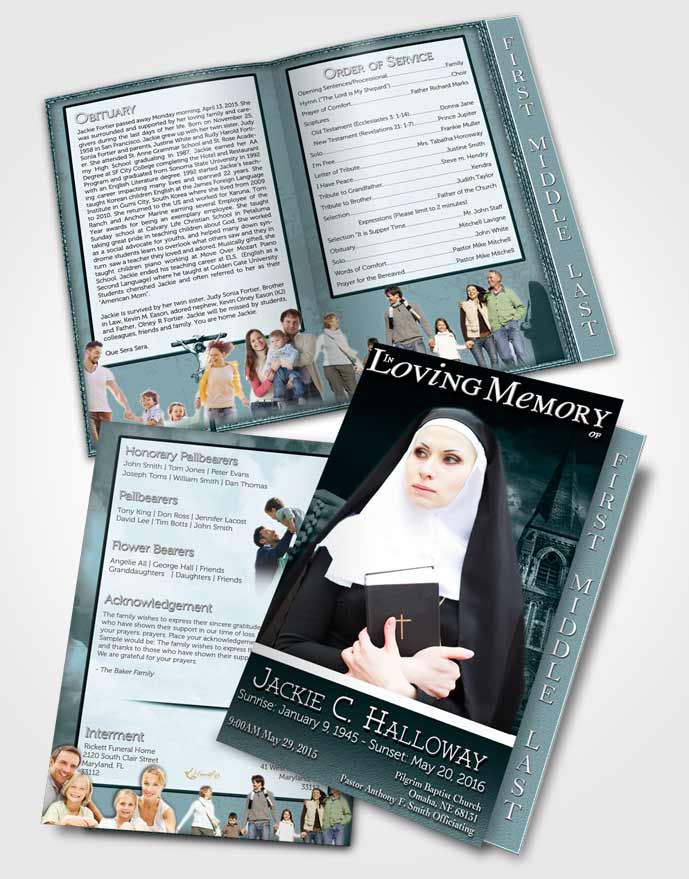 2 Page Graduated Step Fold Funeral Program Template Brochure Turquoise Heavenly Nun