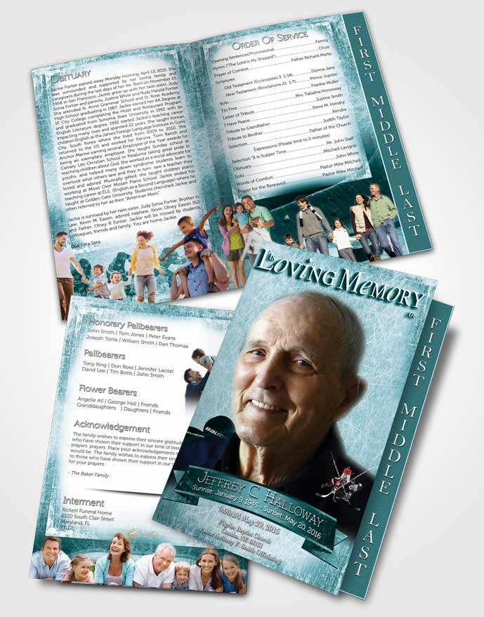 2 Page Graduated Step Fold Funeral Program Template Brochure Turquoise Hockey Star