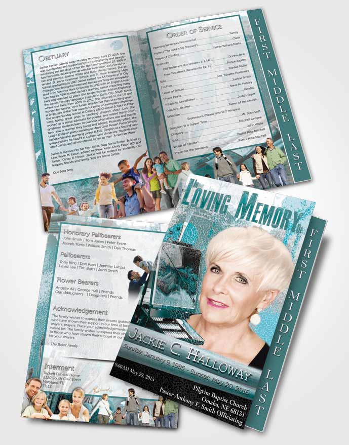 2 Page Graduated Step Fold Funeral Program Template Brochure Turquoise Ocean Painters Paradise