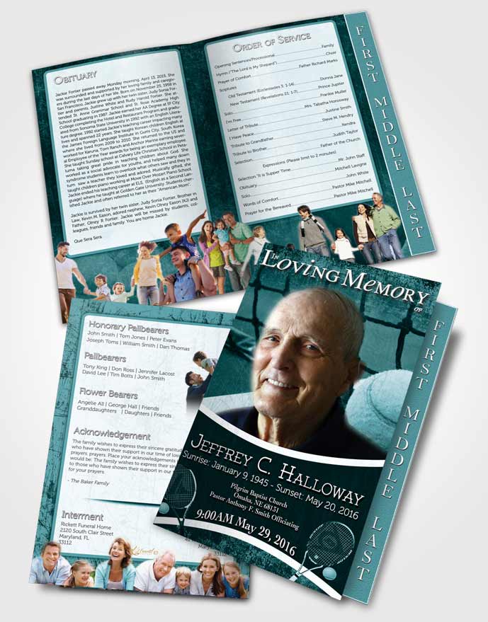 2 Page Graduated Step Fold Funeral Program Template Brochure Turquoise Serenity Tennis Star