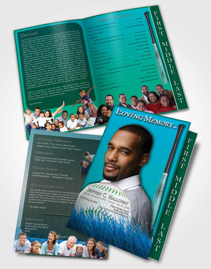 2 Page Graduated Step Fold Funeral Program Template Brochure Turquoise Sky Baseball Star Dark