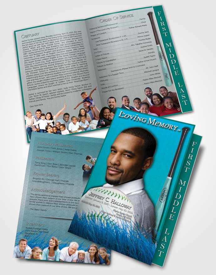 2 Page Graduated Step Fold Funeral Program Template Brochure Turquoise Sky Baseball Star Light