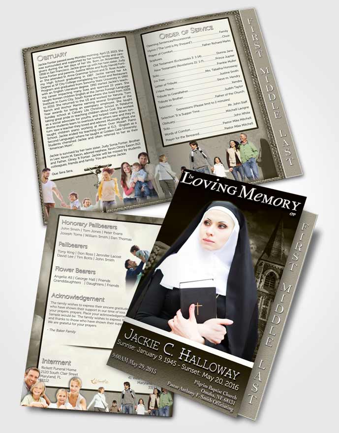 2 Page Graduated Step Fold Funeral Program Template Brochure Vintage Heavenly Nun