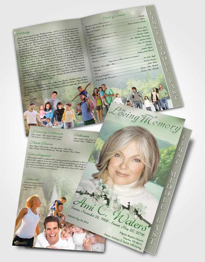 2 Page Graduated Step Fold Funeral Program Template Brochure Waterfall Heaven Emerald Glow