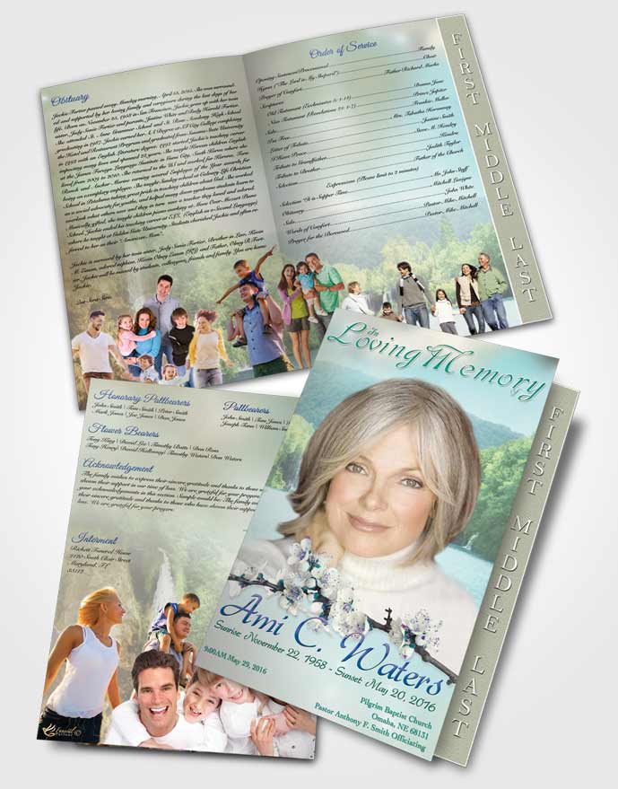 2 Page Graduated Step Fold Funeral Program Template Brochure Waterfall Heaven Evening Peace