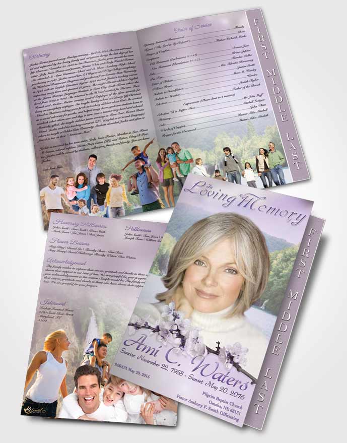 2 Page Graduated Step Fold Funeral Program Template Brochure Waterfall Heaven Lavender Honor