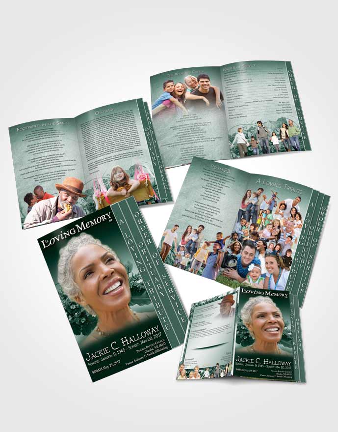 4 Page Graduated Step Fold Obituary Template Brochure A Beautiful Emerald Bouquet