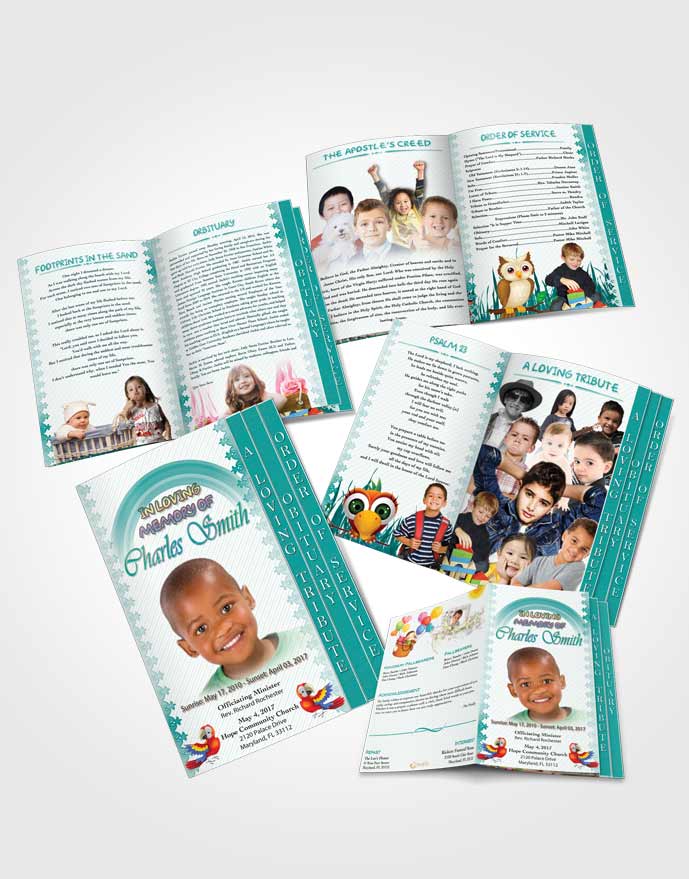 4 Page Graduated Step Fold Obituary Template Brochure A Childs Passing Turquoise Sky
