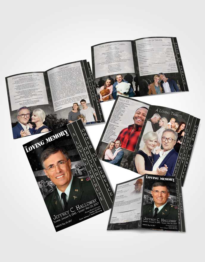 4 Page Grad Obituary Template Brochure Black and White Army Salute