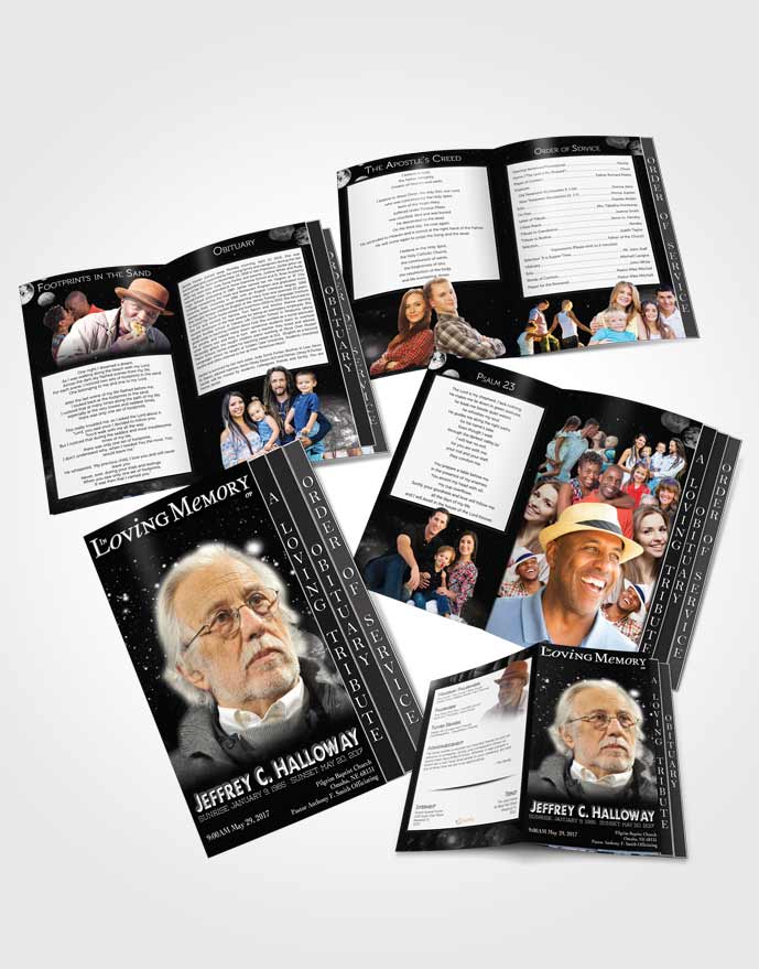 4 Page Grad Obituary Template Brochure Black and White Astronomers Sky