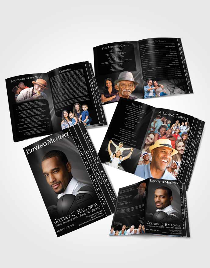 4 Page Grad Obituary Template Brochure Black and White Basketball Lover Dark