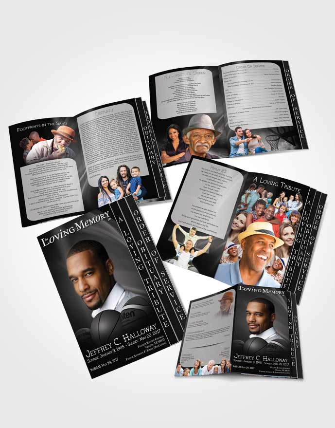 4 Page Grad Obituary Template Brochure Black and White Basketball Lover Light