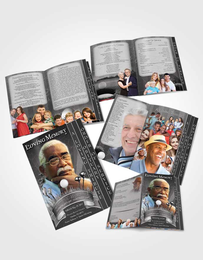 4 Page Grad Obituary Template Brochure Black and White Golf Star