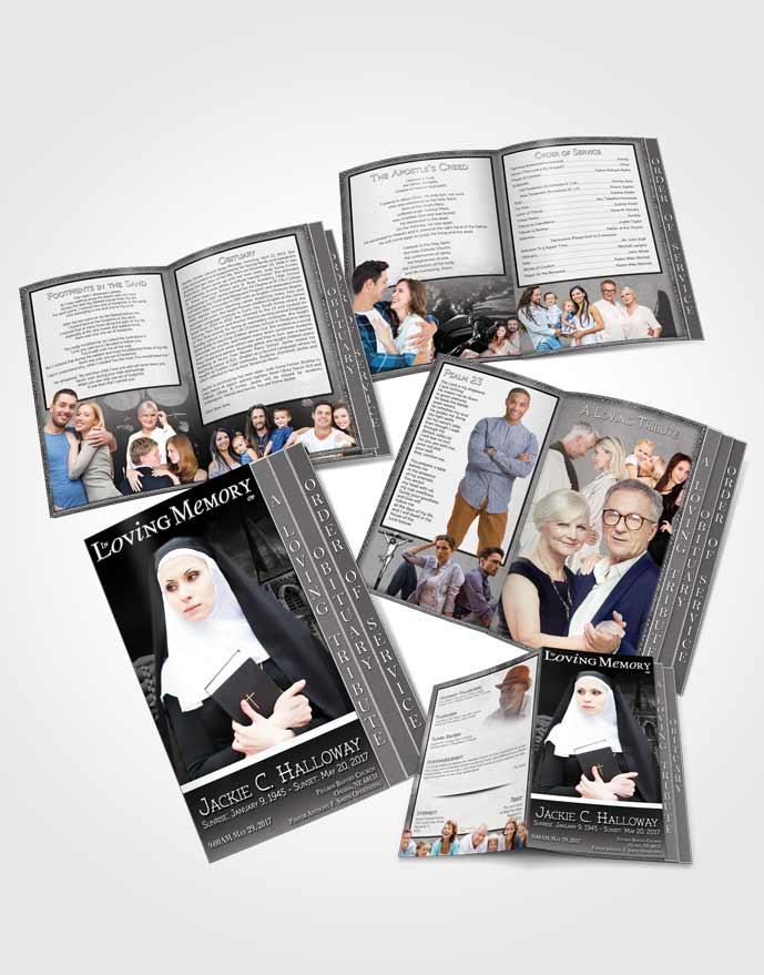 4 Page Grad Obituary Template Brochure Black and White Heavenly Nun