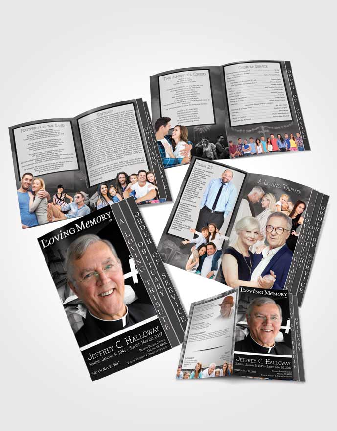 4 Page Grad Obituary Template Brochure Black and White Heavenly Priest