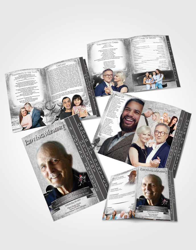 4 Page Grad Obituary Template Brochure Black and White Hockey Star